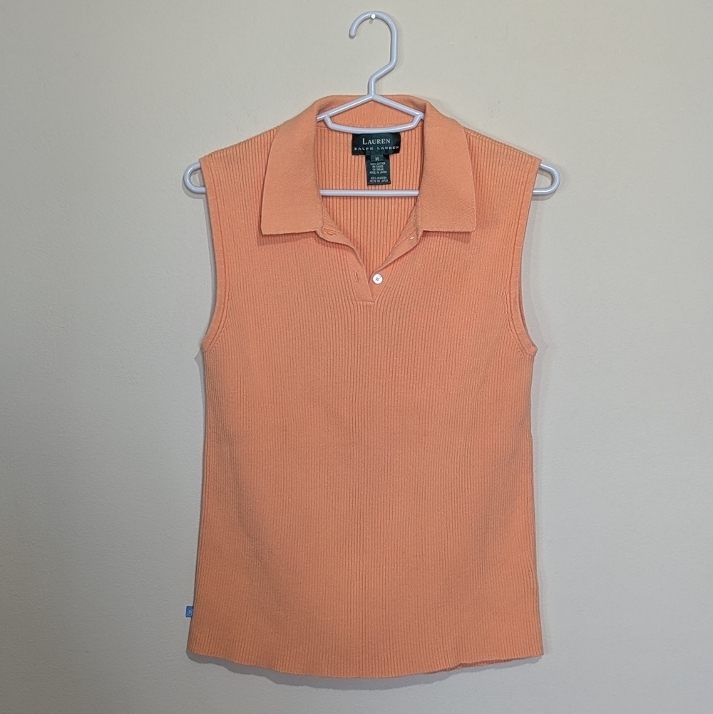 Lauren Ralph Lauren Ribbed Sleeveless Polo Top Peach Orange Cotton Preppy Women